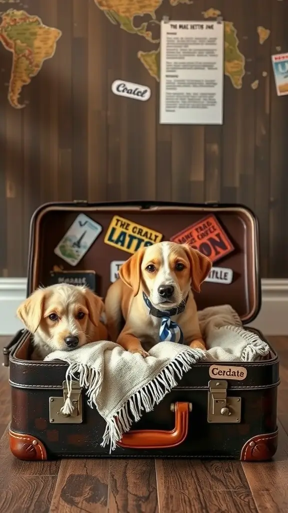 Two dogs resting inside a vintage suitcase, with travel stickers and a soft blanket.