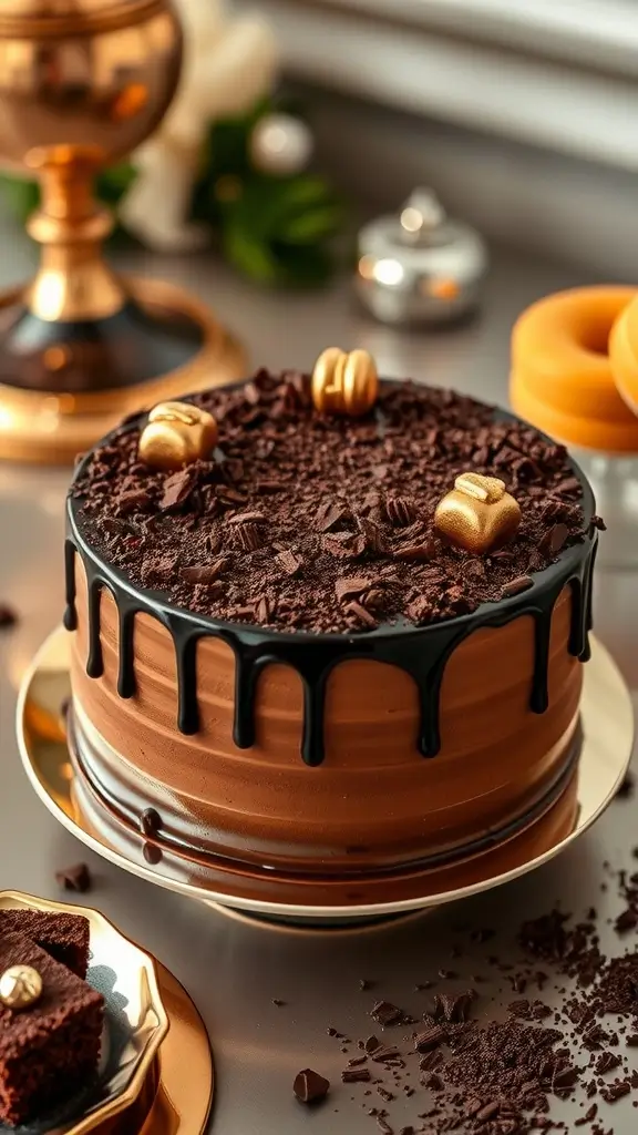 Rich chocolate cake with gold accents and candles