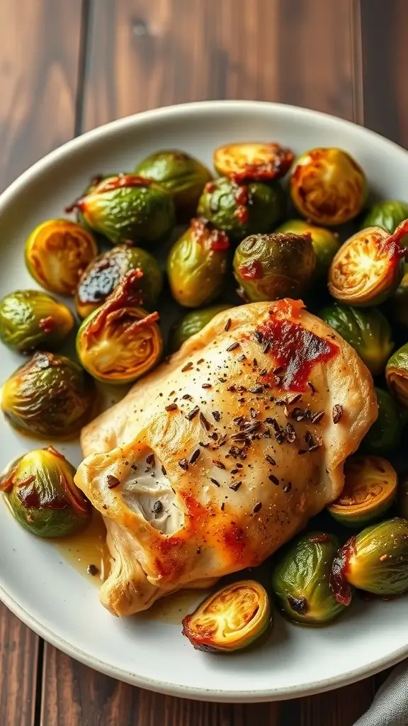 Roasted chicken breast accompanied by Brussels sprouts on a plate
