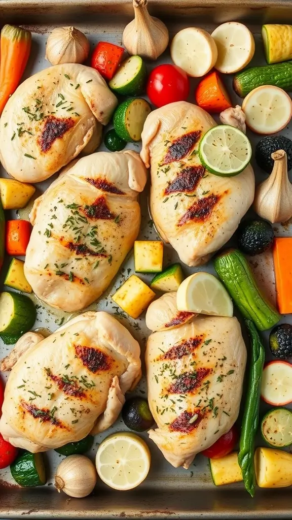 Roasted garlic chicken with colorful vegetables on a baking sheet