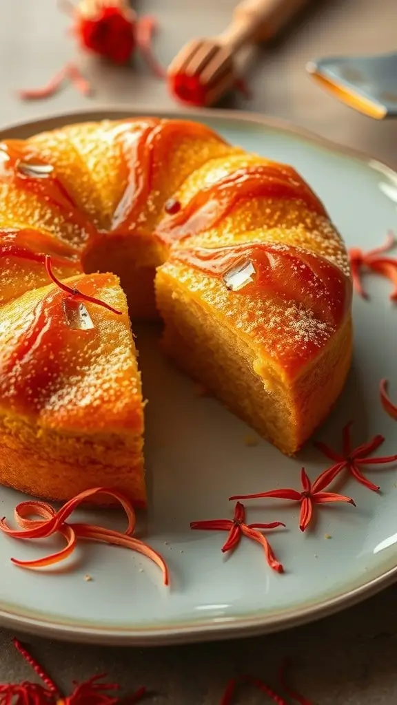 A slice of saffron infused golden cake with decorative saffron strands on top.