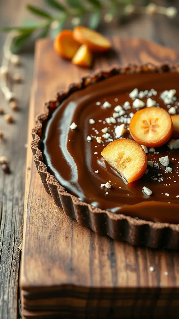 A salted caramel chocolate tart on a wooden surface