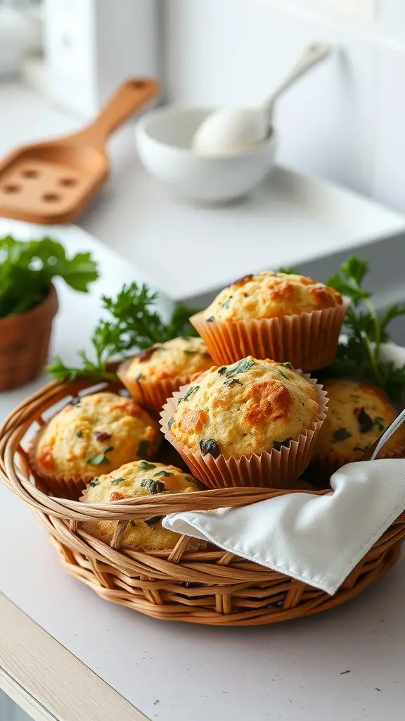 Savory cottage cheese breakfast muffins in a wicker basket, garnished with herbs.