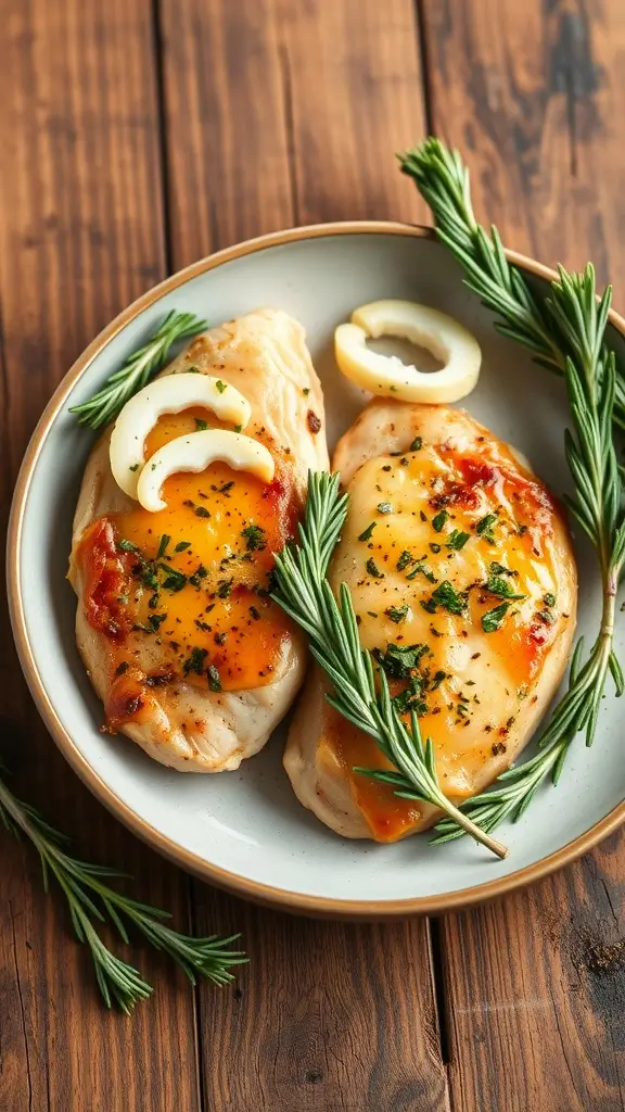 Savory herb and garlic chicken breast with rosemary and lemon slices on a plate.
