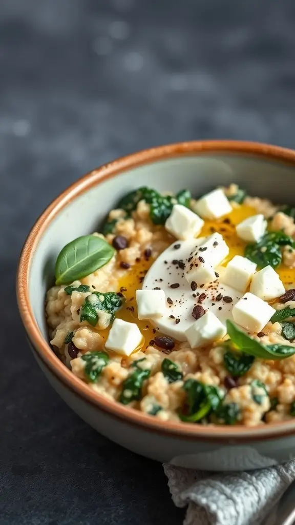 A bowl of savory spinach and feta cottage cheese oatmeal topped with an egg and spices.