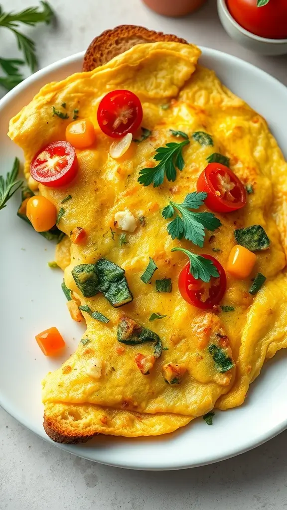 A savory vegetable omelette with herbs, served on a plate with colorful toppings.
