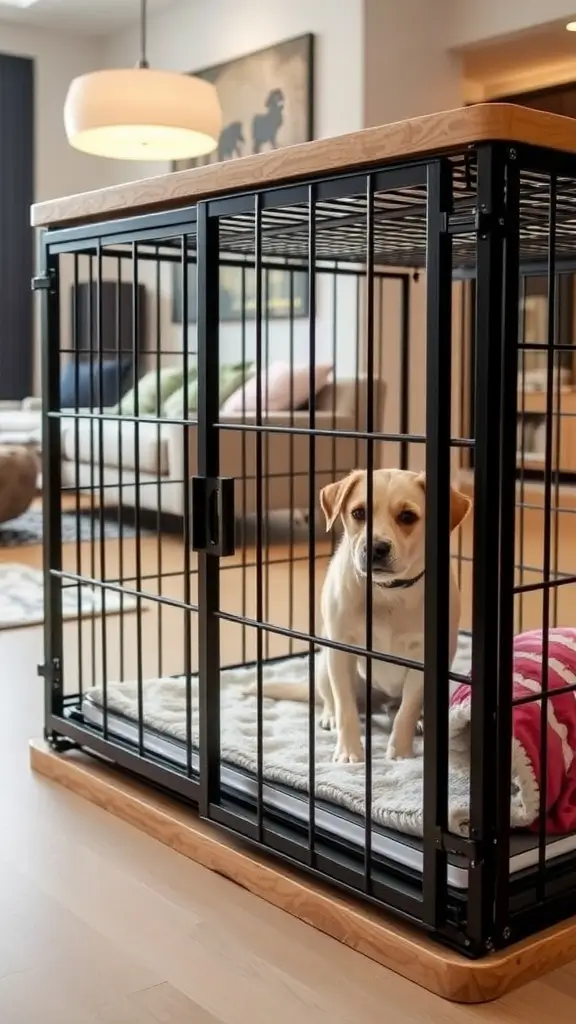 A stylish sliding door dog crate with a dog inside, set in a modern living room.