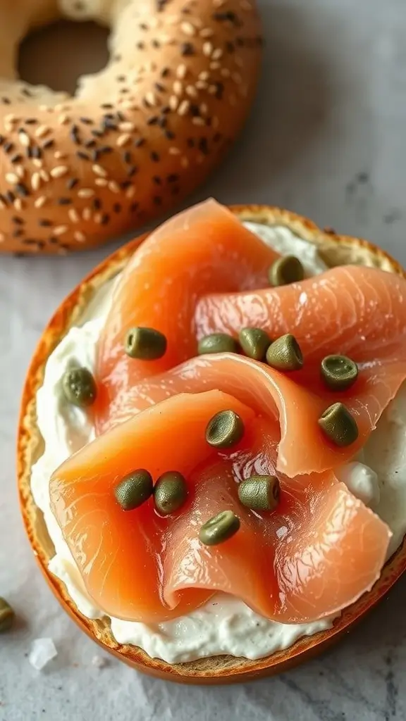 A delicious smoked salmon bagel topped with cream cheese and garnished with capers and fresh dill.