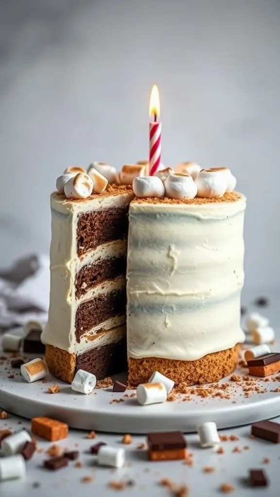 A delicious S'mores cake with layers of chocolate, topped with marshmallows and a graham cracker crust.