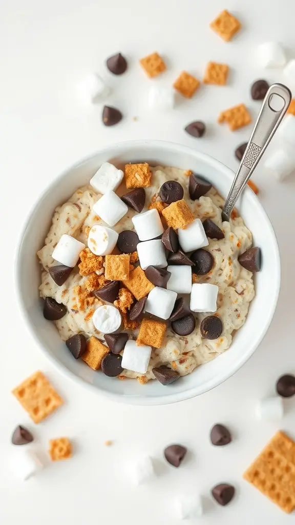 Bowl of S'mores Cottage Cheese Oatmeal topped with chocolate chips, marshmallows, and graham crackers.