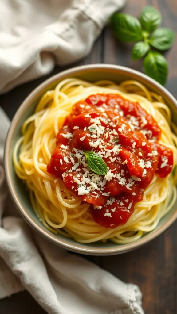 A bowl of spaghetti squash topped with marinara sauce and garnished with cheese.