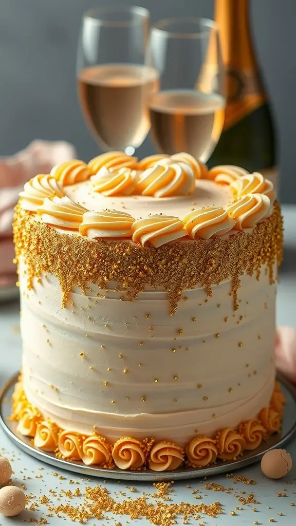 An elegantly decorated Sparkling Champagne Cake with golden sprinkles on top.