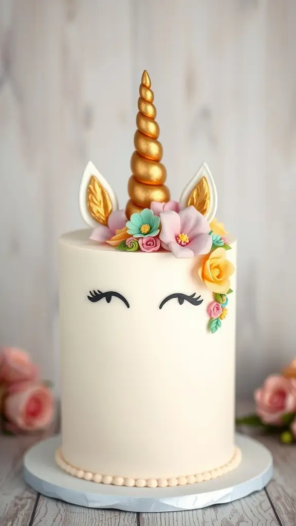A beautiful unicorn-themed cake with a golden horn and colorful flowers, perfect for a birthday celebration.