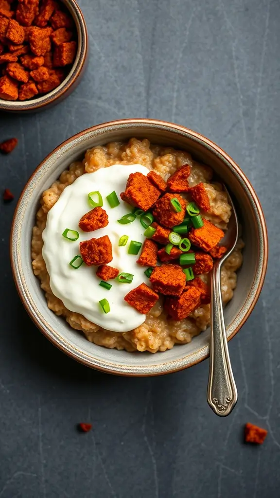 A bowl of spicy chorizo cottage cheese oatmeal topped with green onions and diced chorizo.