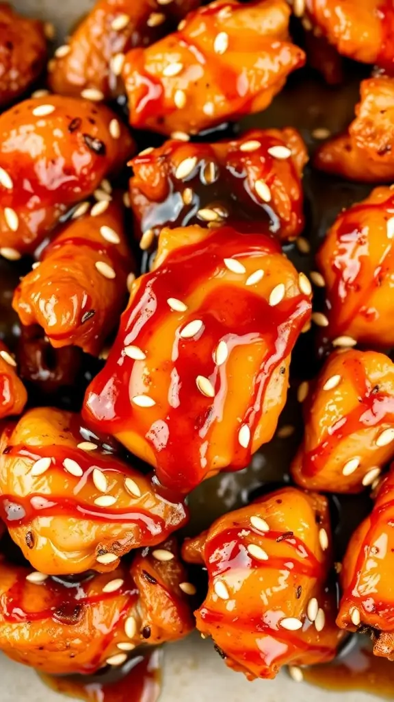 Plate of spicy honey garlic chicken garnished with sesame seeds - 30 Low-Calorie Chicken Recipes