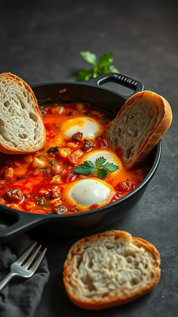 A vibrant dish of spicy shakshuka with poached eggs, garnished with herbs, served with crusty bread.