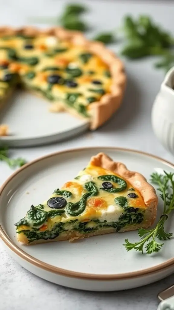 A slice of spinach and feta quiche on a plate, showcasing its colorful fillings and flaky crust.