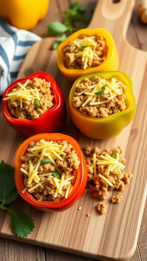 Stuffed bell peppers filled with ground turkey and topped with cheese.