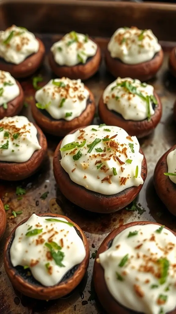 A tray of stuffed mushrooms topped with cream cheese and herbs.