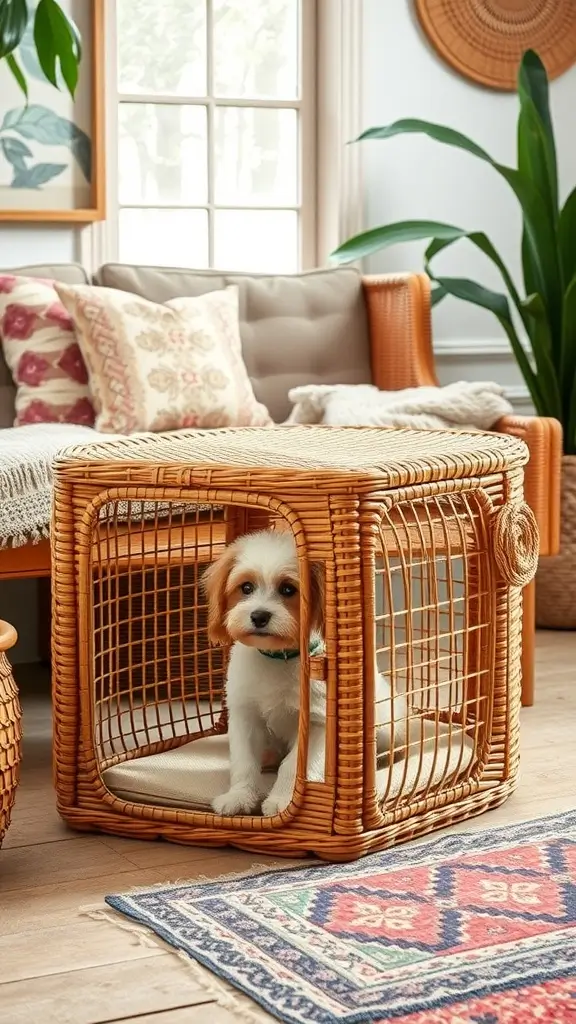 A stylish rattan dog crate with four dogs inside, surrounded by decorative items and plants.