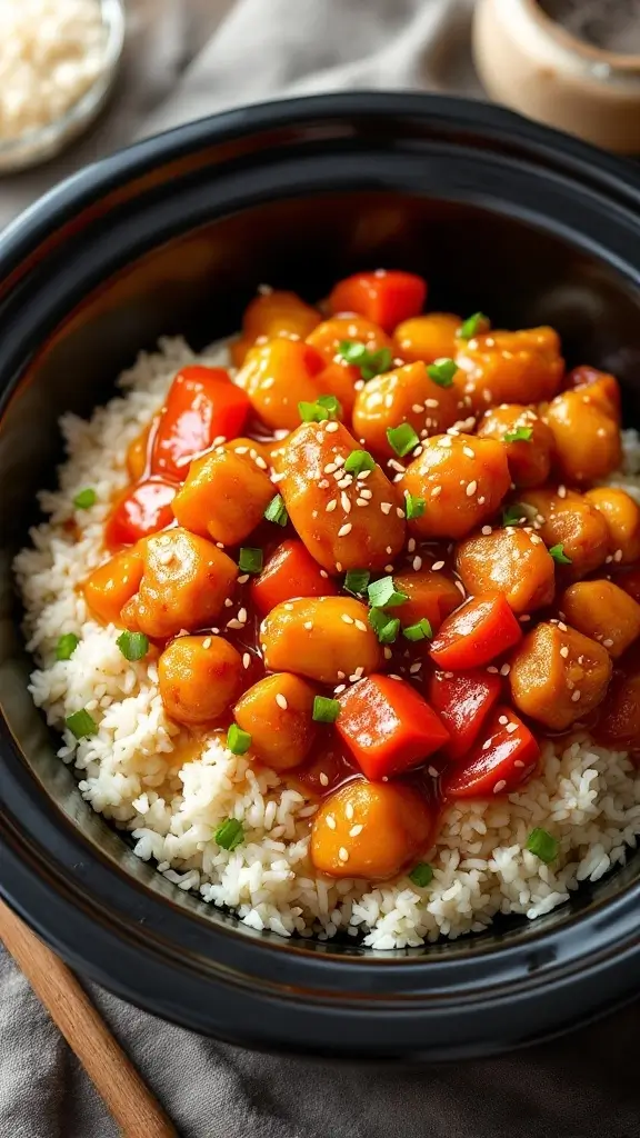 A bowl of sweet and sour chicken served over rice, garnished with sesame seeds and chopped green onions.