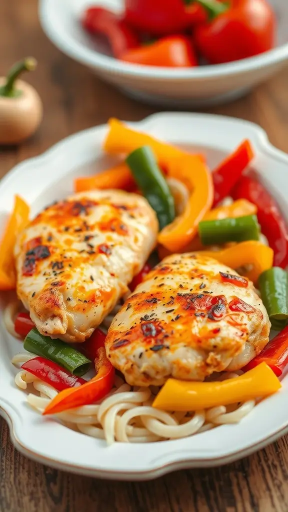 Two sweet and sour chicken breasts served on a plate with colorful bell peppers and noodles.