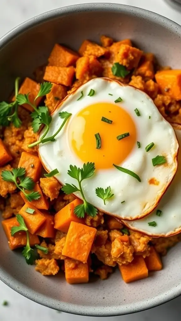 A delicious bowl of sweet potato hash topped with a fried egg and garnished with fresh herbs.