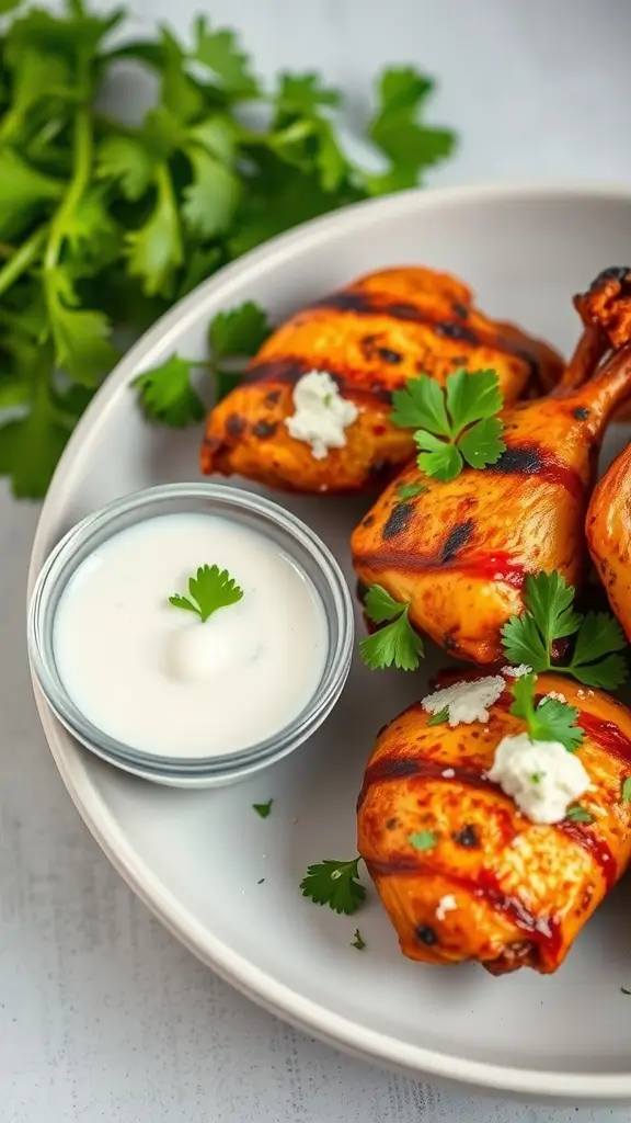 Delicious Tandoori Chicken with a side of yogurt sauce garnished with cilantro.