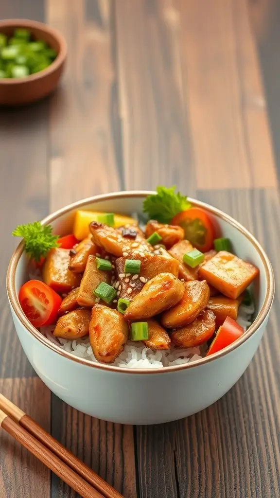 A delicious bowl of teriyaki chicken with vegetables and rice, garnished with sesame seeds and green onions.