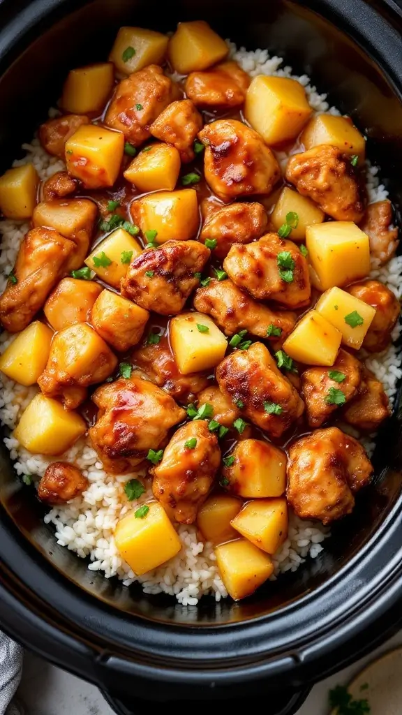 A delicious dish of teriyaki chicken with pineapple served over rice.