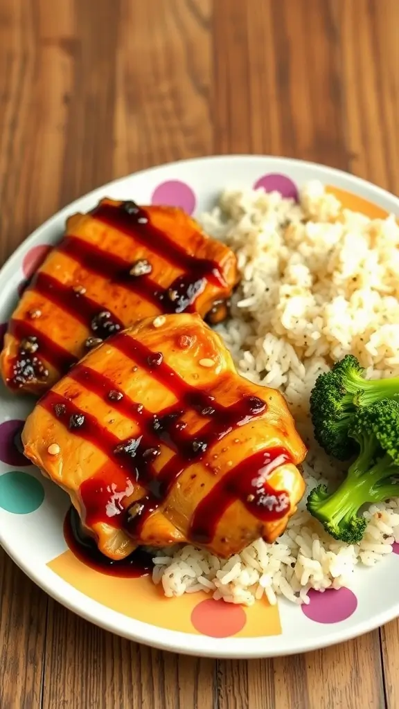 A plate of teriyaki chicken served with rice and broccoli.