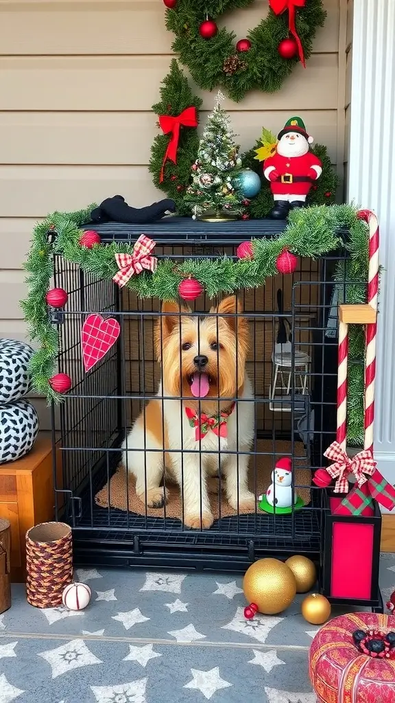 A festive dog crate decorated for the holidays with a beagle inside, pumpkins, and greenery.