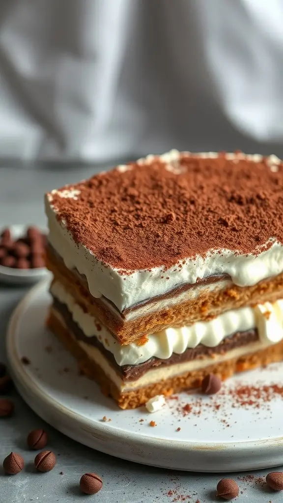 A slice of tiramisu cake layered with coffee and cream, dusted with cocoa powder.