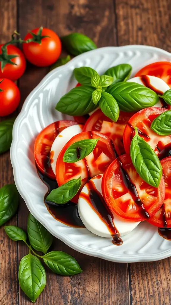 A plate of Tomato and Mozzarella Caprese Salad garnished with basil and balsamic glaze on a wooden table.