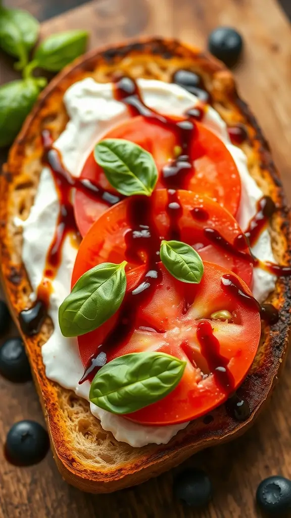 A delicious Tomato Basil Cottage Cheese Toast topped with fresh tomatoes and basil
