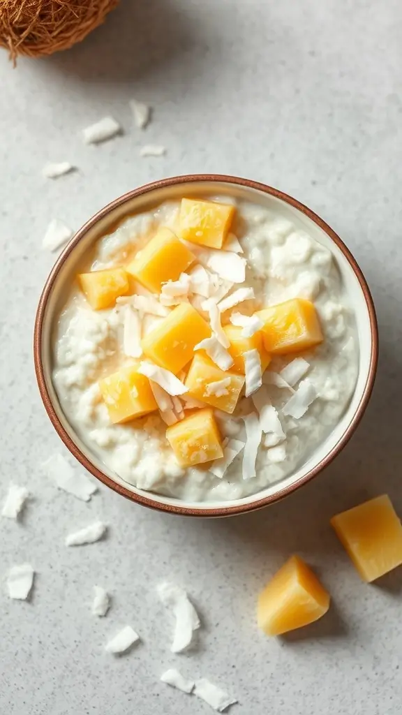 A bowl of tropical coconut cottage cheese oatmeal topped with diced mango and shredded coconut.