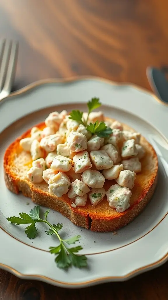 Tuna salad cottage cheese toast on a plate, garnished with parsley.