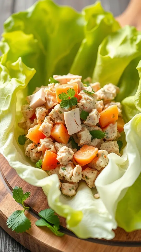 A fresh and colorful platter of tuna salad lettuce wraps filled with vegetables.
