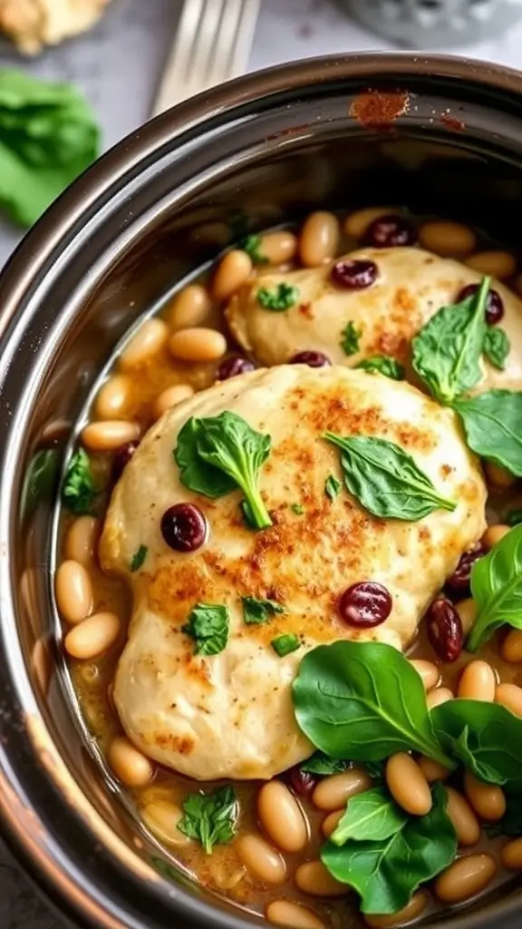 A delicious slow cooker dish featuring chicken, white beans, and herbs.