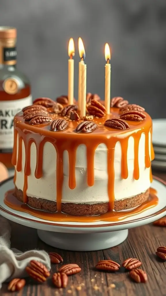 A layered cake decorated with caramel sauce and pecans, with candles on top.