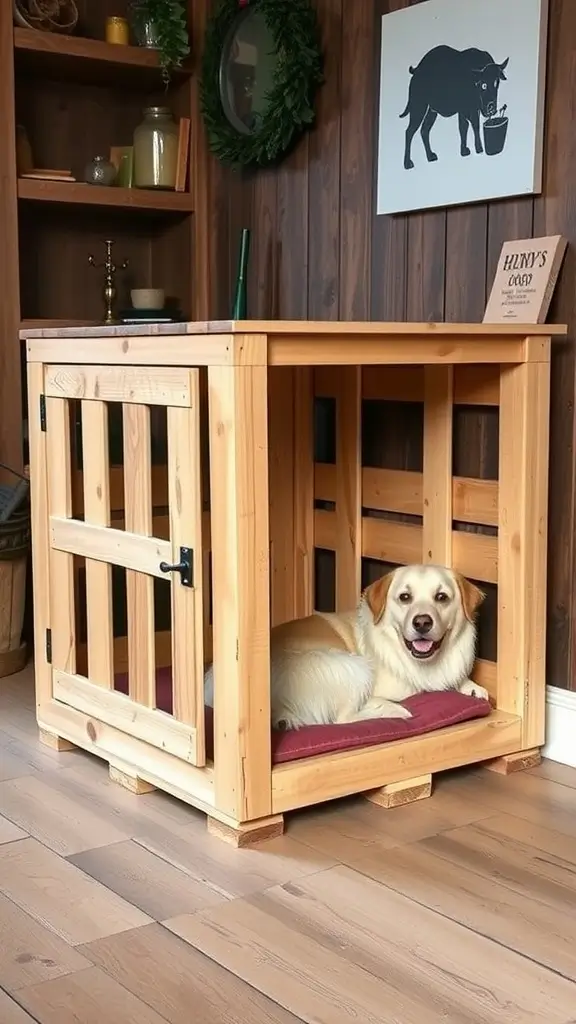 A wooden pallet dog crate with a golden retriever resting on a cushion inside.