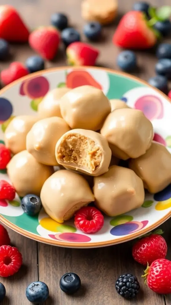 A plate of yogurt-dipped peanut butter balls surrounded by fresh berries.