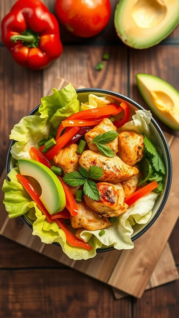 A vibrant Zesty Chicken Fajita Bowl filled with grilled chicken, colorful bell peppers, avocado, and fresh greens.