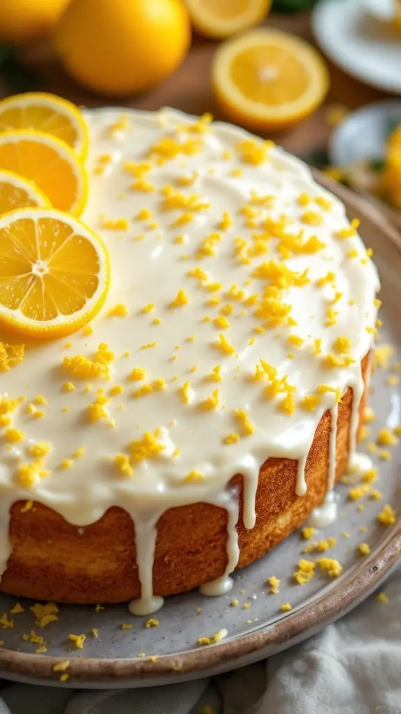 A slice of zesty lemon cake with creamy frosting and lemon garnishes