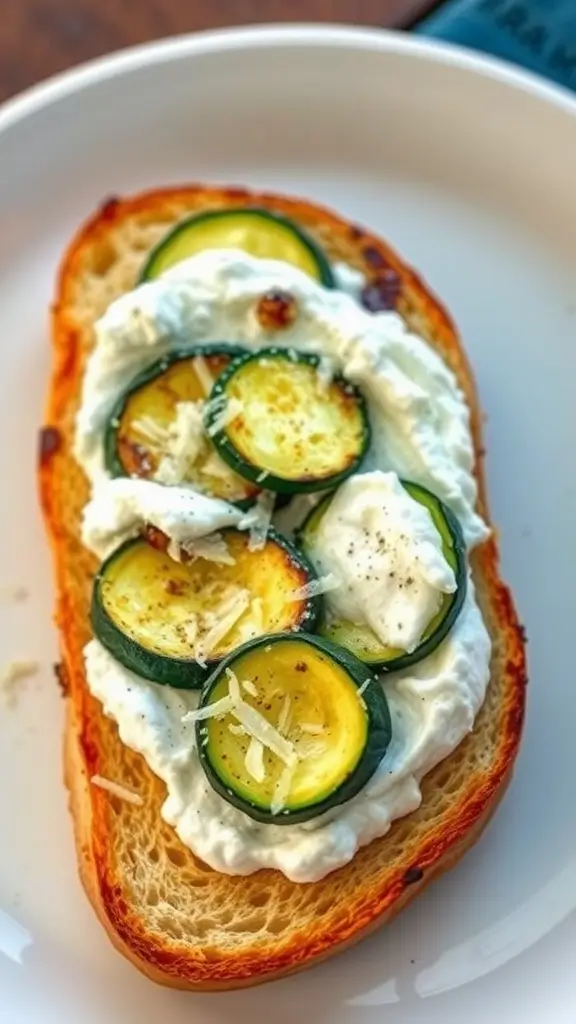 Zucchini and cottage cheese toast on a plate, garnished with herbs.