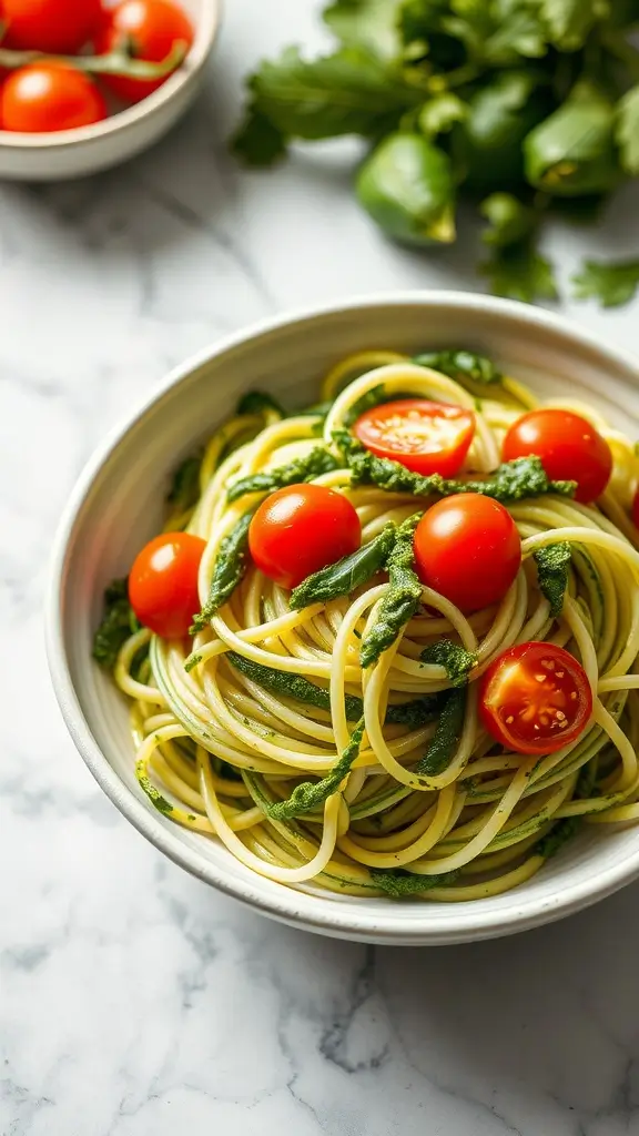 A bowl of zucchini noodles topped with pesto and cherry tomatoes.