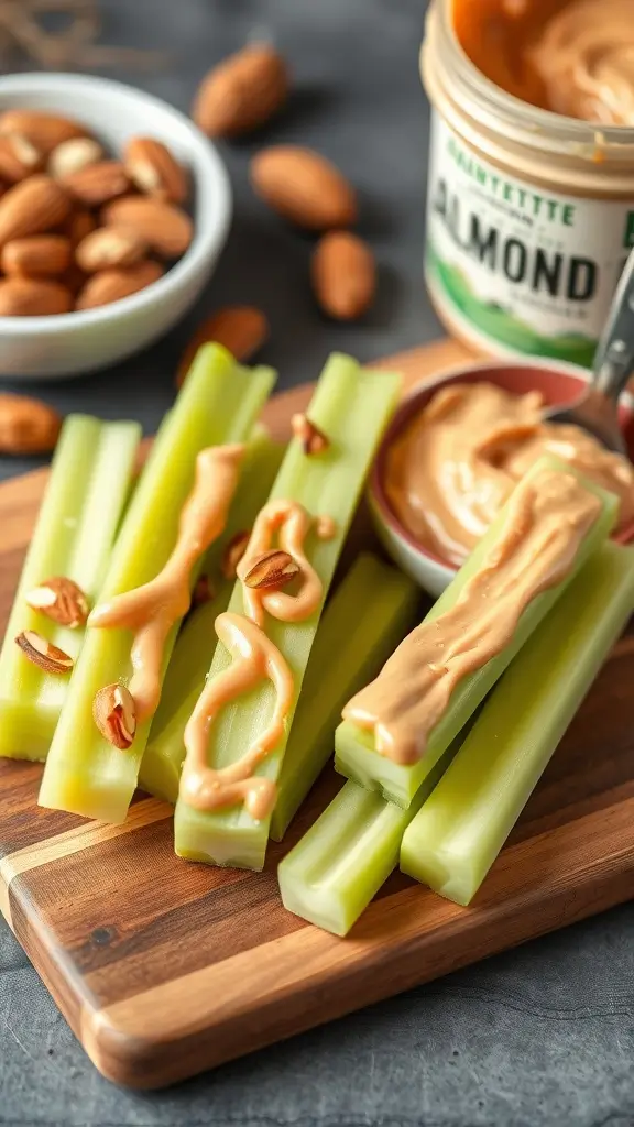 Almond butter served with celery sticks on a wooden cutting board.