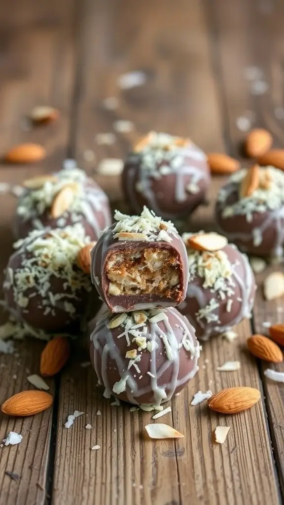 Almond Joy Fat Bombs with shredded coconut and almonds on a rustic wooden table.