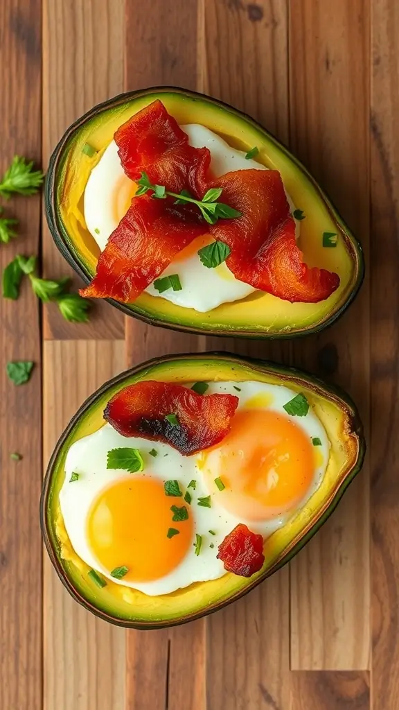 Avocado and egg cups with herbs on a wooden surface