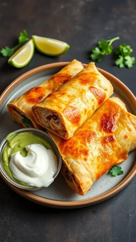 Delicious baked chicken chimichangas served with guacamole and sour cream.